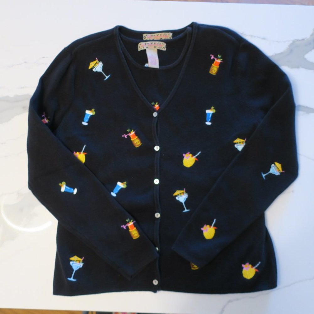 Lilly Stanhope Black with Embroidered Mixed Drinks Sweater Set Size LP